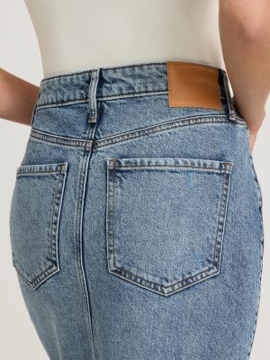 Women's High Waisted Medium Wash Front Slit Maxi Denim Skirt