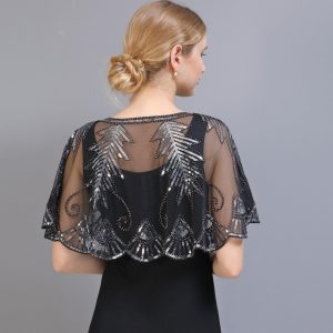 ZLTdream 1920s Shawl Sequin Lace Evening Cape Flapper Cover Up Bridal Shawl for Dress Party Wedding Halloween Harlem night