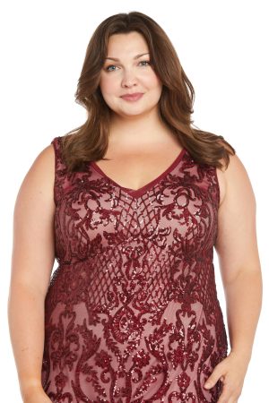 Beaded V-Neck Long Gown W/Mesh Contrast Insets & Sequin Embellishments