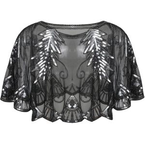 ZLTdream 1920s Shawl Sequin Lace Evening Cape Flapper Cover Up Bridal Shawl for Dress Party Wedding Halloween Harlem night